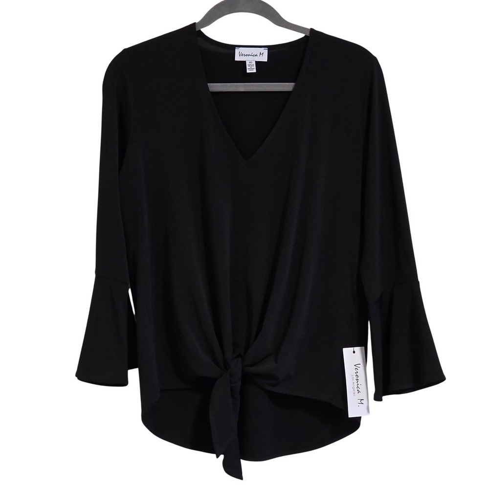 Veronica M Black Stretch Bell Sleeve Top Women's XS V Neck Front Tie Hem New